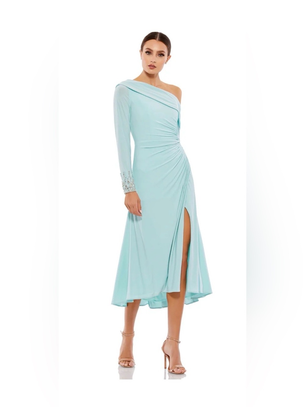 Mac Duggal One-Shoulder Aqua Blue Evening Dress
